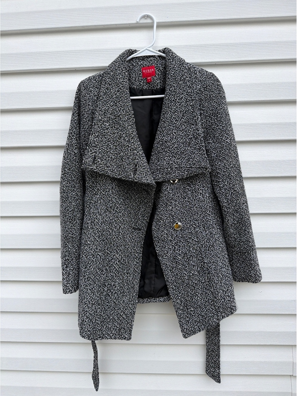 GUESS Women’s Size S Black White Textured Wool Blend Belted Coat Jacket